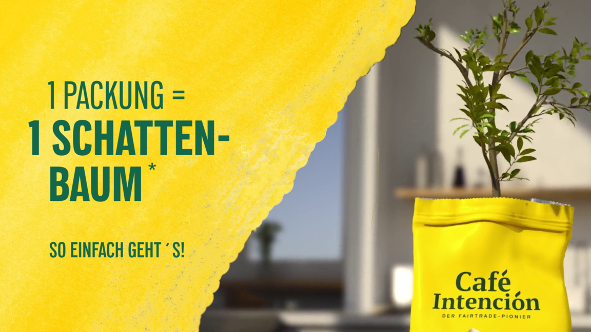 De verpakking van Café Intención promoot duurzaamheid: uit het gele zakje groeit een plantje, waarmee de milieuvriendelijke initiatieven worden benadrukt.
